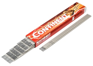 A red and orange box with the text 'CONTINENT' contains an array of gray welding electrodes. The box features a graphic of a person welding, with sparks visible. The electrodes are laid out neatly beside the box.