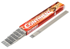 Boxes of certified welding consumables labeled with AWS and ISO standards in a logistics area