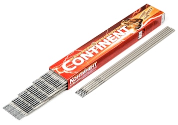 A red and orange box with the text 'CONTINENT' contains an array of gray welding electrodes. The box features a graphic of a person welding, with sparks visible. The electrodes are laid out neatly beside the box.
