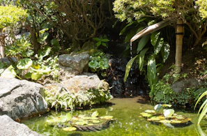A modern garden waterfall feature flowing into a small pond with natural stones around.