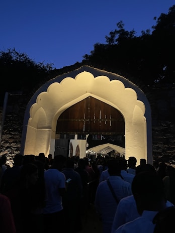 A dramatic entrance arch adorned with dark flowers and twinkling fairy lights against a night sky.