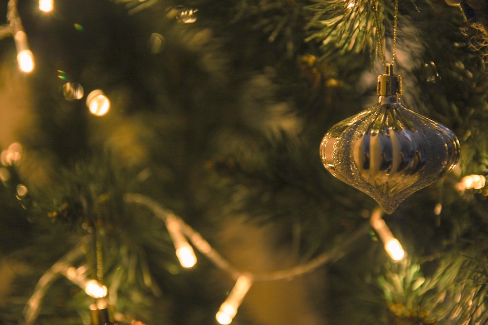 a close up of a christmas ornament on a tree