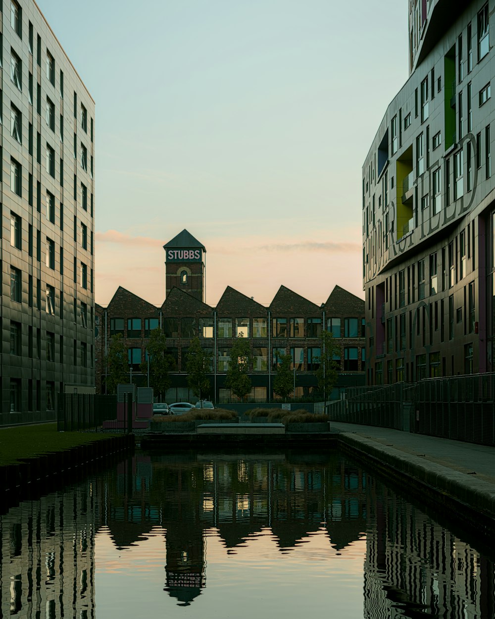 a body of water with buildings in the background