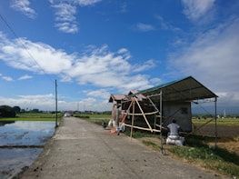 A rural scene with a small structure under construction on the right side of a paved road. Fields extend on either side, with water irrigating the left field. A clear blue sky with scattered clouds creates a bright and open atmosphere. A person sits on a bag at the side of the structure, and a parked vehicle can be seen further down the road.