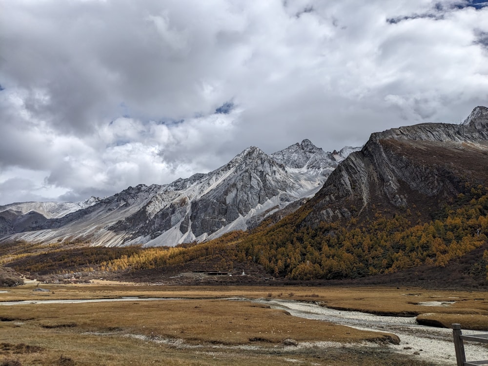 the mountains are covered in snow and brown grass