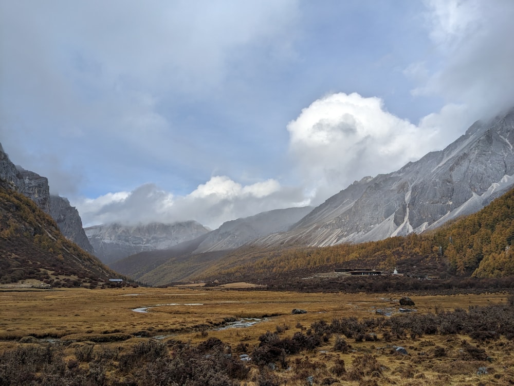 a valley with mountains in the background under a cloudy sky