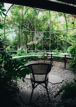 A lush garden setting with abundant greenery and vibrant plants. The scene is enclosed by a glass dome structure, with scattered chairs and a curved bench area surrounded by gravel and stepping stones.