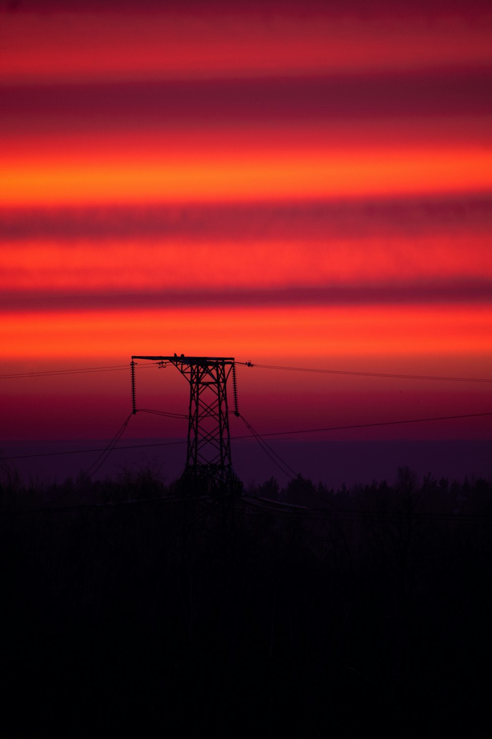 a red and purple sky with power lines in the foreground