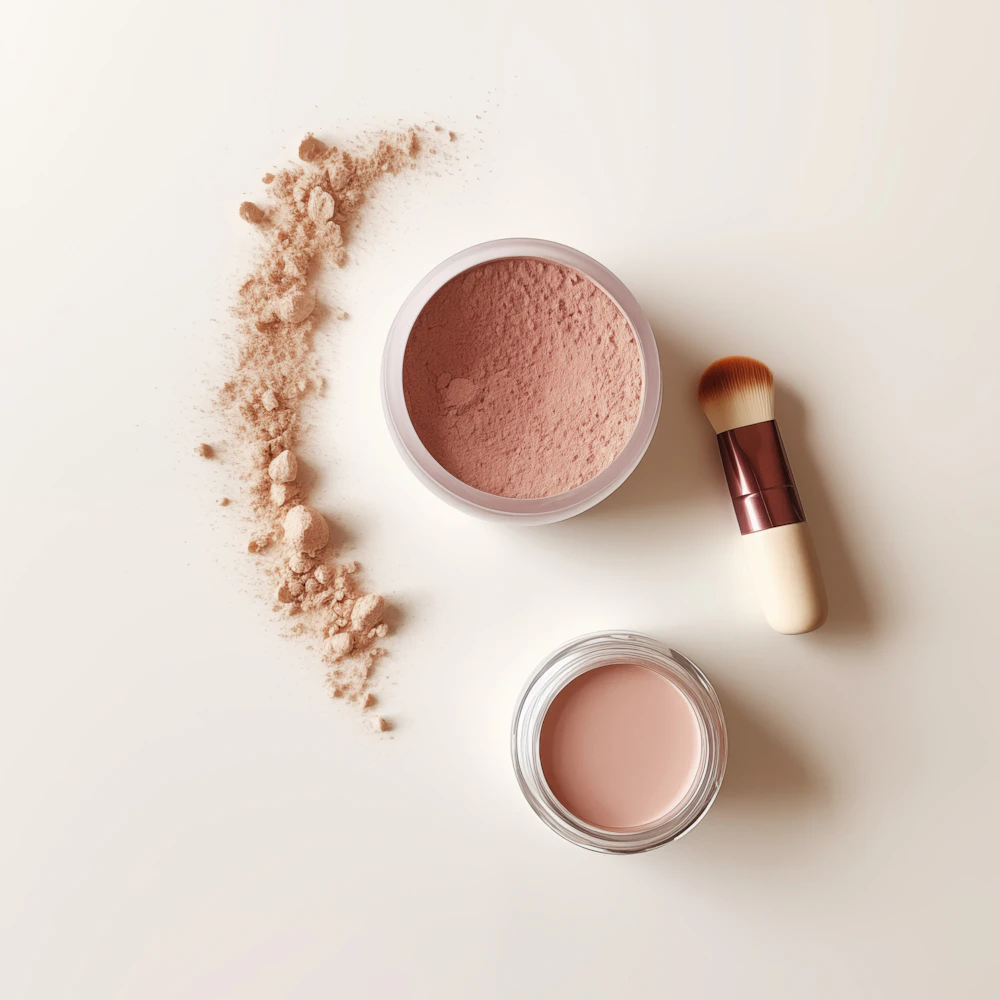Lip balm and cosmetics on a soft neutral surface