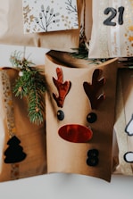 A collection of brown paper gift bags decorated with festive designs, including a reindeer face with red antlers and nose, and numbers like 8 and 21. Sprigs of evergreen are tucked into the bags for decoration. One bag features a black silhouette of a Christmas tree.