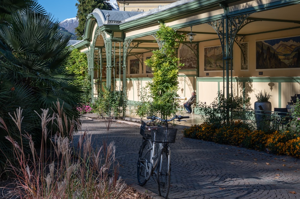 a bicycle parked in front of a building