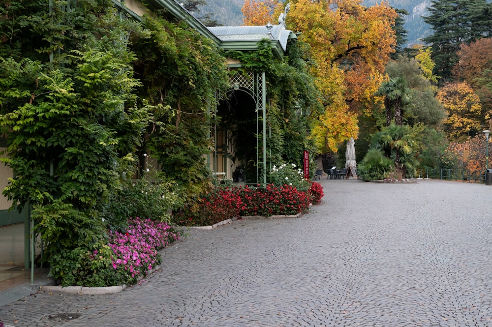 uma estrada de paralelepípedos com um gazebo no meio