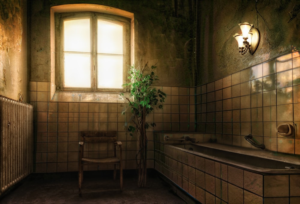 a bath room with a chair a window and a radiator