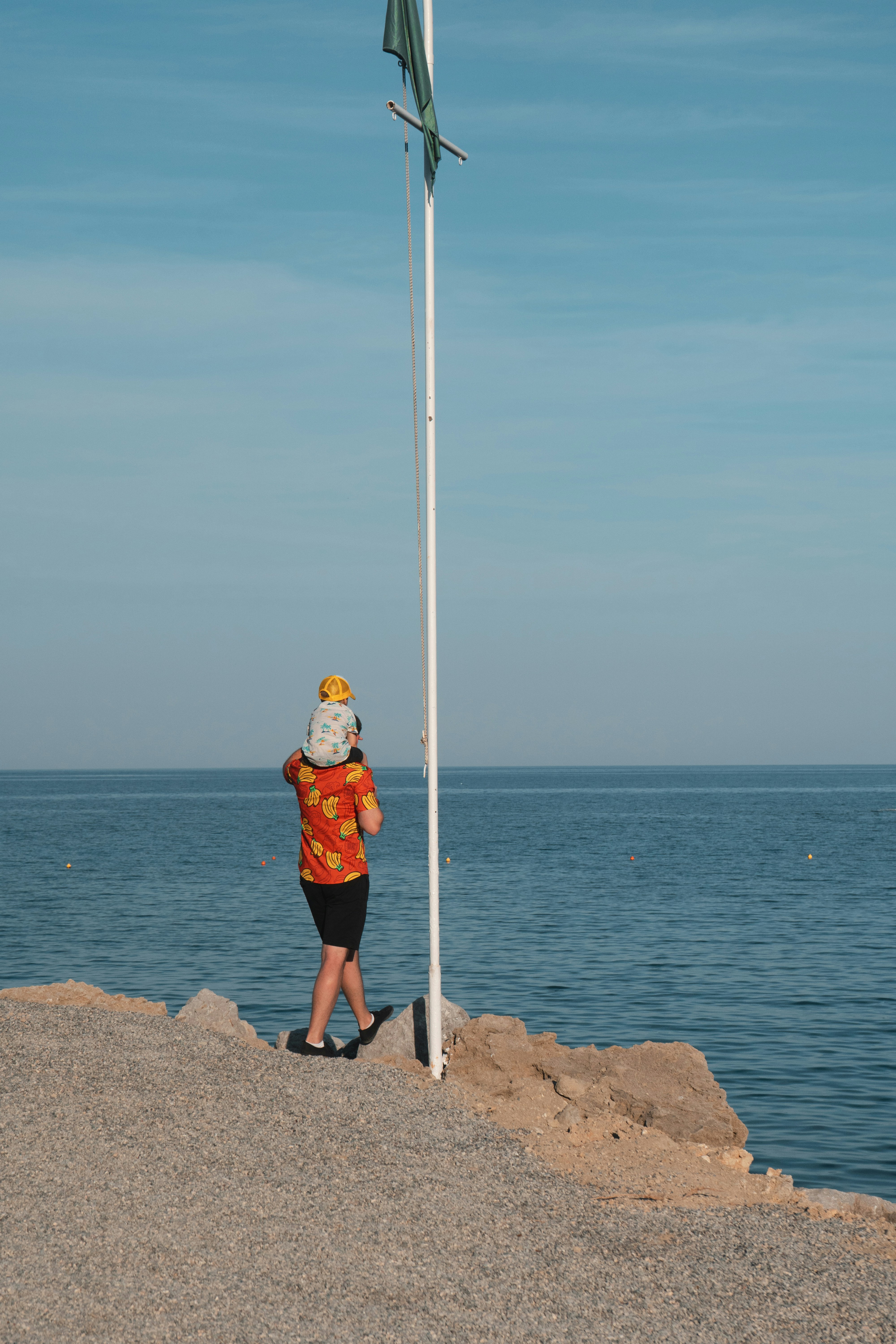 una persona parada en una playa junto a un asta de bandera