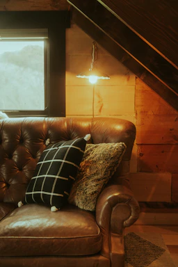 A cozy living room corner featuring a plush sofa bathed in warm natural light.