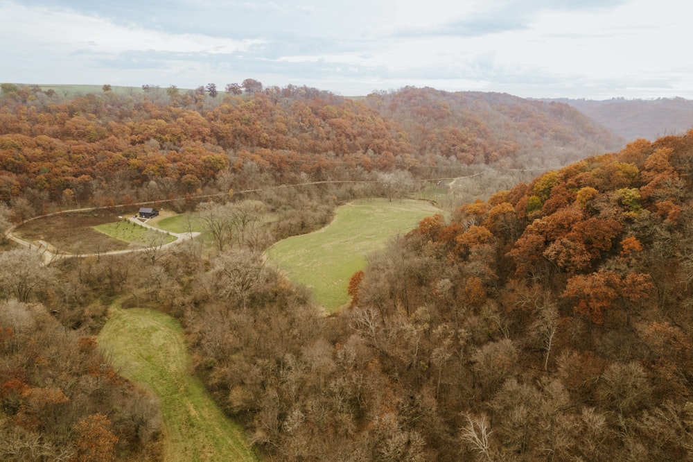 an aerial view of a wooded area with a house in the distance