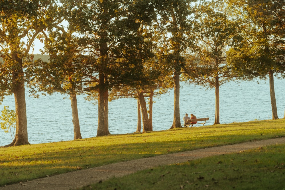 two people sitting on a bench near the water