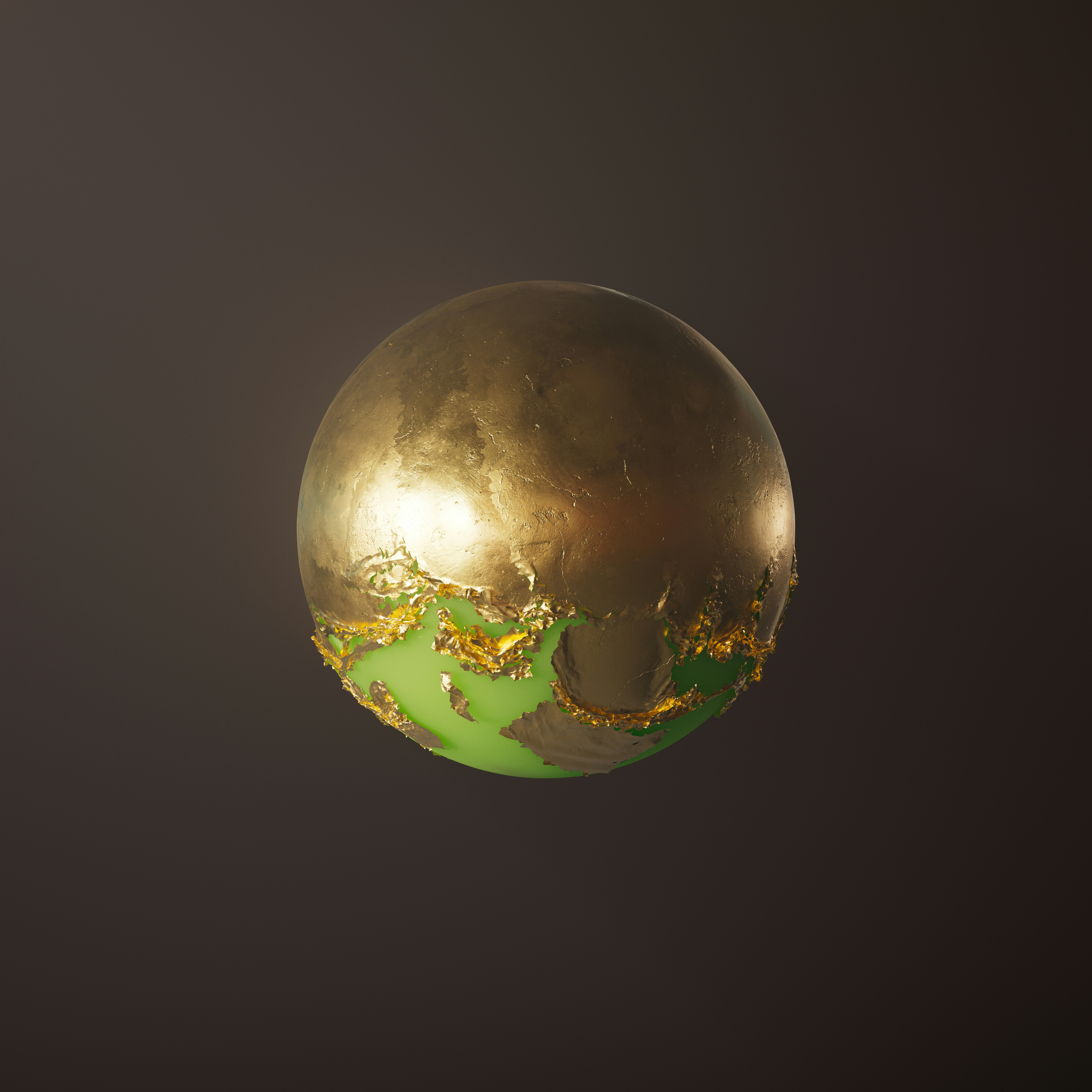 a gold and green globe on a black background