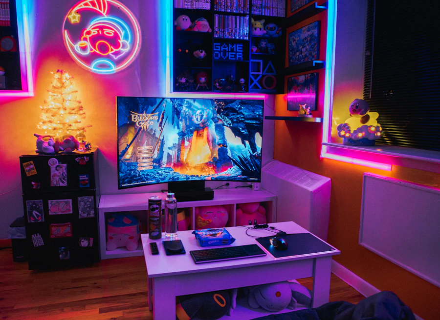 Gaming room with a large TV and neon lighting