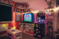 A cozy studio corner decorated with Telegatitos branding and fun props for the kids’ channel.