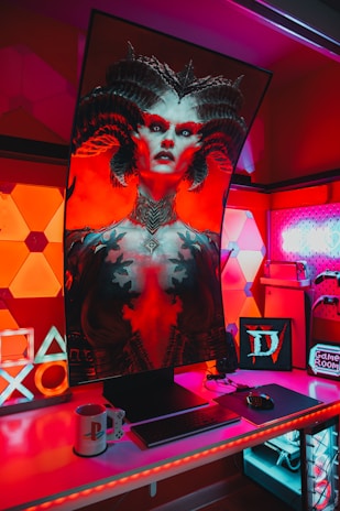 A gaming setup features a large, curved monitor displaying a detailed, fantasy-themed character with horns and vibrant red and black colors. The desk is illuminated with red and purple LED lights, and there are gaming accessories like a keyboard, mouse, and console-themed mug. The background has geometric wall panels and a sign that reads 'Game Room'.