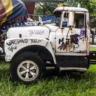 A rusty old truck is parked on grassy ground, with a worn-out exterior covered in graffiti and peeling paint. The side of the truck features various graffiti tags and patches of rust. The back of the truck appears to be loaded with assorted items covered by a colorful tarp.