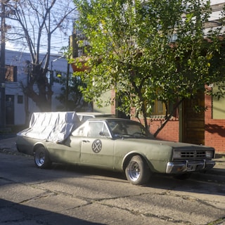 A vintage green car is parked on the side of a suburban street, partially covered with a white tarp. A tree with lush green leaves shades part of the car, while the background includes a residential building with brick and plaster exterior walls. Bare tree branches are visible against a clear blue sky.