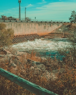 A concrete structure with a metal grate is observed holding back water, creating turbulent flow beneath it. The area is surrounded by rocky terrain with overgrown vegetation and a wooden fence in the foreground. There are utility poles and a clear blue sky in the background.