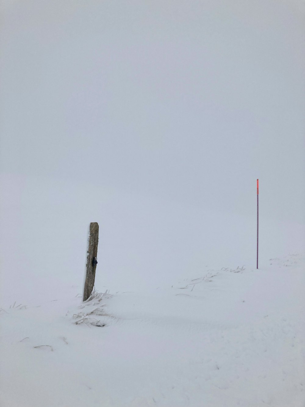 a wooden post in the middle of a snowy field