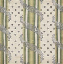 The image features a patterned textile design with alternating vertical green striped bands and beige dotted areas. The stripes have a textured, woven appearance, and floral motifs in grey overlay the stripes, creating a layered effect. The background has a soft, off-white hue, enhancing the contrast and detail of the patterns.