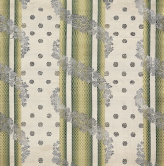 The image features a patterned textile design with alternating vertical green striped bands and beige dotted areas. The stripes have a textured, woven appearance, and floral motifs in grey overlay the stripes, creating a layered effect. The background has a soft, off-white hue, enhancing the contrast and detail of the patterns.