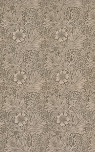 Intricate floral pattern with swirling leaves and stylized flowers presented in a repetitive and seamless design. The artwork displays a blend of organic shapes, creating an ornate and detailed motif with a vintage or classical aesthetic.