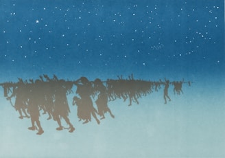 Silhouettes of people appear to be dancing or celebrating under a night sky filled with stars. The figures are in various dynamic poses, suggesting movement and joy. The background gradually transitions from a deep blue at the top to a lighter shade towards the bottom, resembling a horizon.