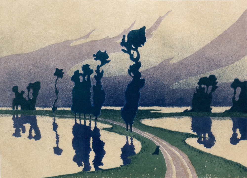 a painting of a group of people walking down a path
