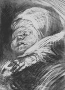 A monochromatic abstract painting featuring swirling, textured strokes that form the vague outline of a figure with indistinct facial features. The image has an ethereal feel, with motion and fluidity expressed through the brushwork.