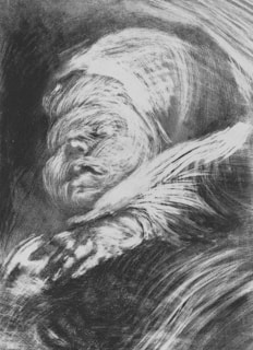A monochromatic abstract painting featuring swirling, textured strokes that form the vague outline of a figure with indistinct facial features. The image has an ethereal feel, with motion and fluidity expressed through the brushwork.