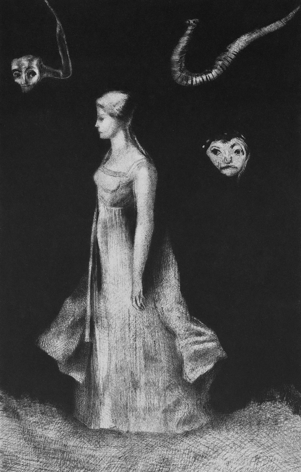 a black and white drawing of a woman in a dress