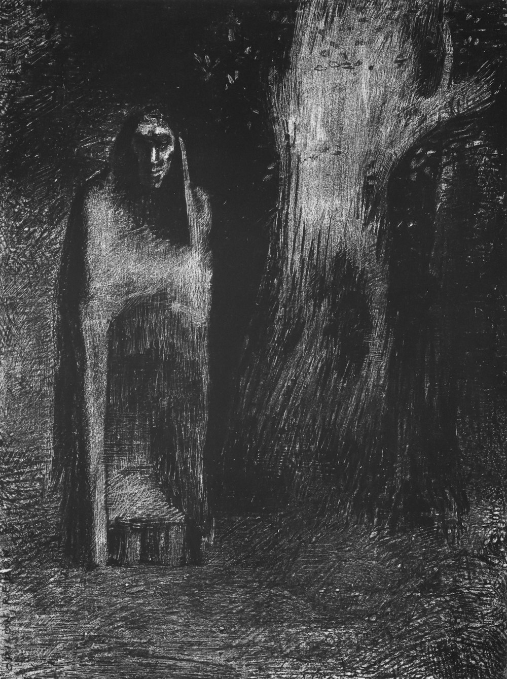 a black and white drawing of a person standing in a cave