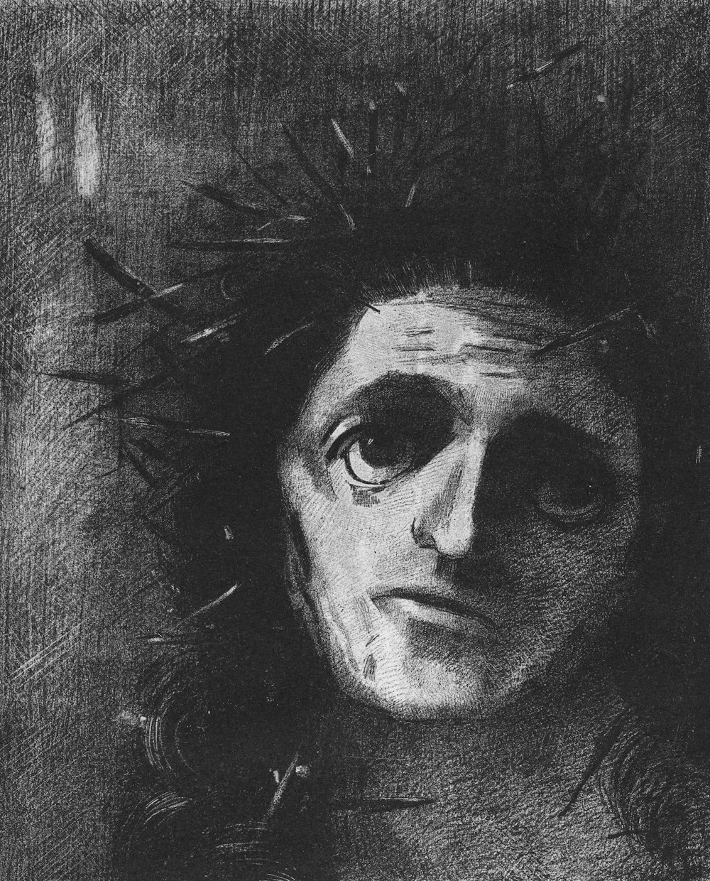 a black and white drawing of a man's face