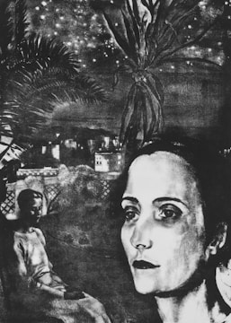 A black and white surrealistic artwork featuring a large, detailed face of a woman in the foreground, with another smaller, seated figure to the left. The background includes a dark, star-speckled sky, palm trees, and buildings that hint at a nighttime scene.