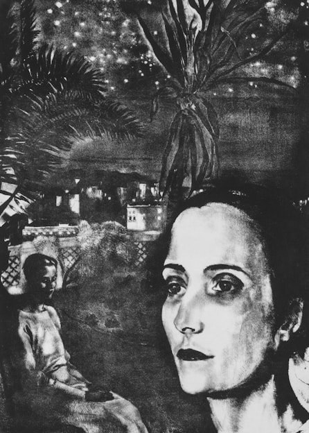 A detailed surreal artwork featuring abstract symbols in black ink, set against a warm retro 80s background.