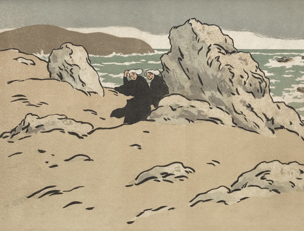 a painting of two people sitting on a rock by the ocean