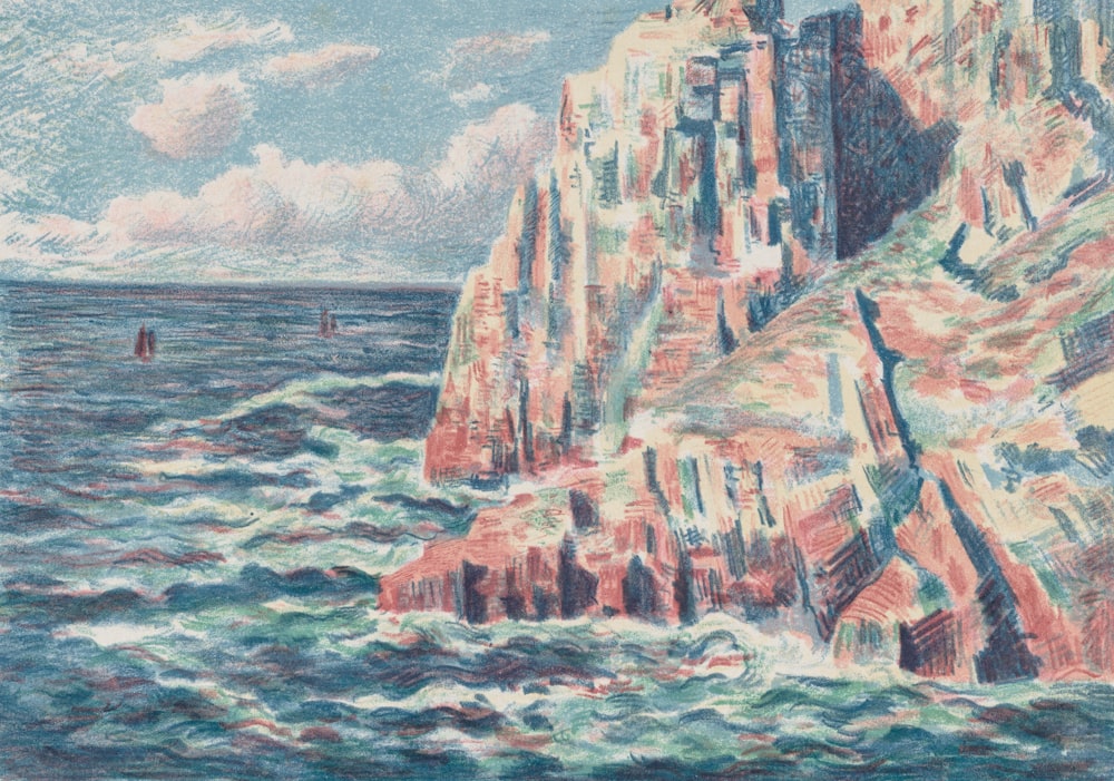 a drawing of a cliff on the ocean