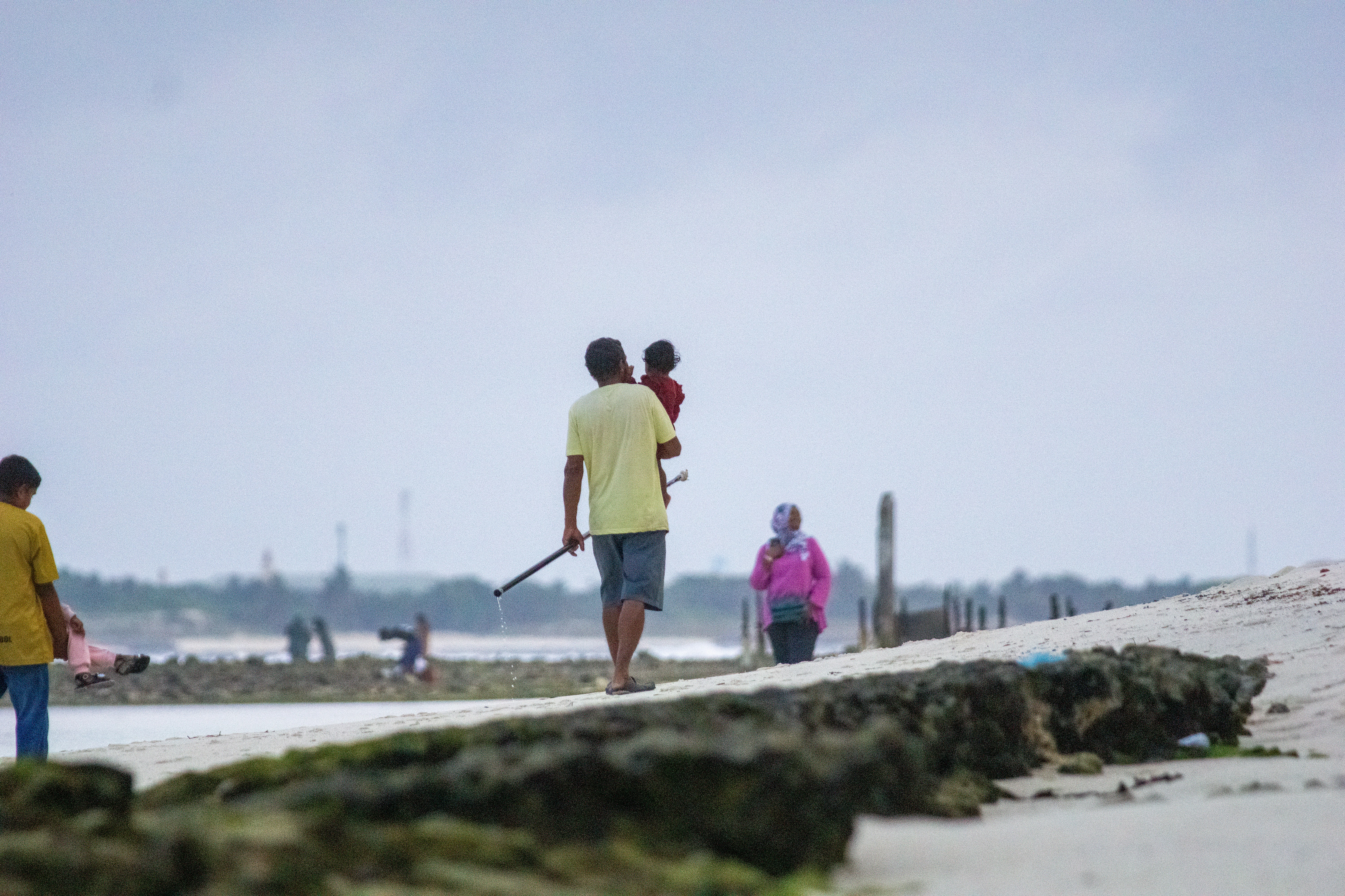 a group of people walking along a beach next to the ocean