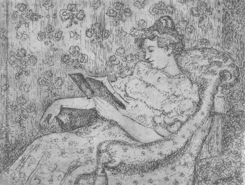 a drawing of a woman reading a book