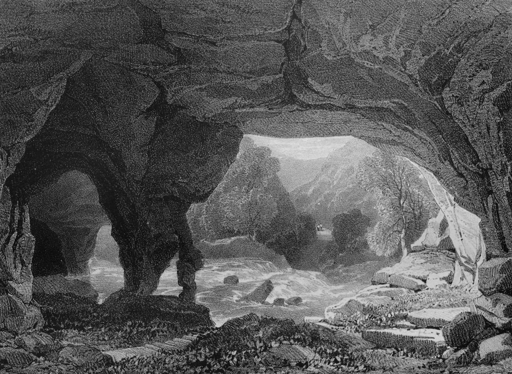 a black and white drawing of a cave