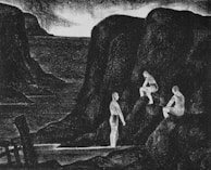 A monochromatic illustration features a rugged landscape with large, dark rock formations. Three human figures are sitting on or near these rocks, depicted in a lighter shade that contrasts with the dark background. The scene conveys a sense of solitude and introspection.