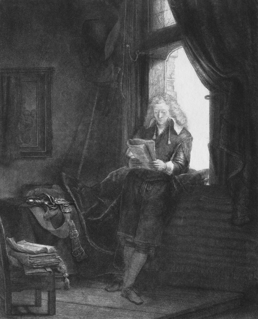 a black and white drawing of a man reading a book