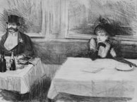 A black and white sketch depicts two people in Victorian-style attire seated at separate tables in what appears to be a restaurant. On the left, a man with a mustache and top hat is shown smiling and engaging in conversation. On the right, a woman with a feathered hat, gloves, and a pensive expression rests her chin on her hand, appearing lost in thought.