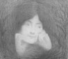 A softly drawn pencil sketch of a woman's face surrounded by a textured, swirling background. Her chin rests in her hands, and her expression is serene and contemplative. The background features twisting, organic lines that create a vortex-like effect.